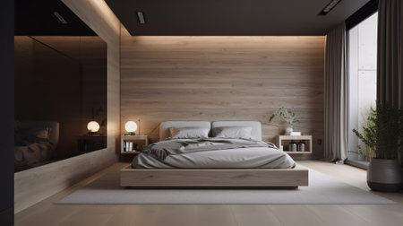 Bedroom interior in minimalistic design, indoors. Front view of the bed. Generative AI.の素材