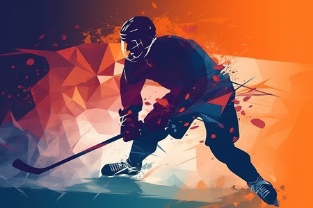 Hockey game, silhouette male athlete hockey player with stick and puck abstract illustration. Generative AI.の素材