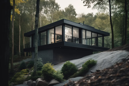 Modern country house in the forest. Generative AI.の素材