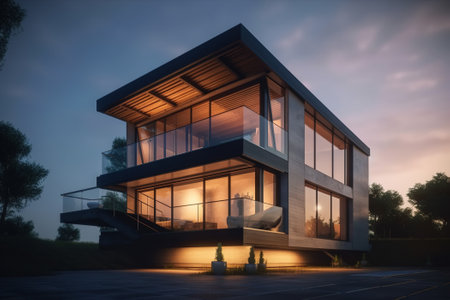 Illuminated modern country house, villa with balcony in nature exterior. Generative AI.の素材