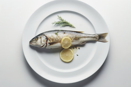 Delicious gourmet fish dish on a white plate, minimalist serving. Generative AI.の素材