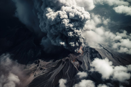 Eruption. View from above an ash cloud, dangerous natural phenomenon on mountain on an island. Generative AI.の素材