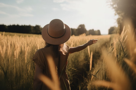 Beautiful young woman in light summer dress and hat stretching her hand to sun in field, rear view. Generative AI.の素材