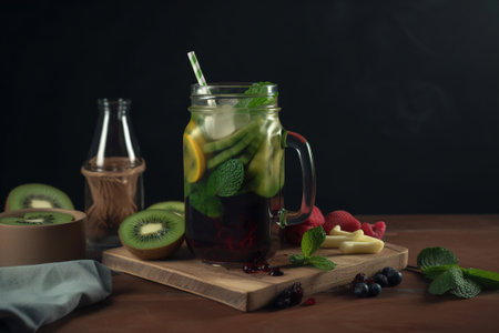 Dietary vegan detox drink made from fresh fruits and berries in a glass bottle. Generative AI.の素材