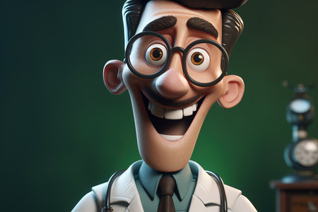 Pharmacology and medicine concept. Cheerful adult doctor, male professional in white coat and glasses in clinic office. Volumetric illustration of Generative AI.の素材