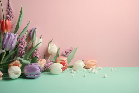 Beautiful festive flowers tulips on a pastel background. Generative AI.の素材