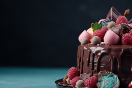 Delicious chocolate cake decorated with berries. Close-up of sweet dessert on background with copy space. Generative AI.の素材