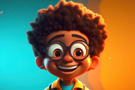 Portrait of cheerful African American boy. Funny smart black child in glasses looking at camera. Volumetric doodle illustration of Generative AI.の素材