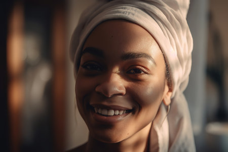 Hygiene self care, smiling beautiful young black woman with towel on her head in bathroom. Generative AI.の素材