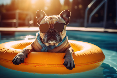 Purebred dog in sunglasses swimming in pool, pet resting on an inflatable ring in water on sunny summer day outdoors. Animal Generative AI.の素材