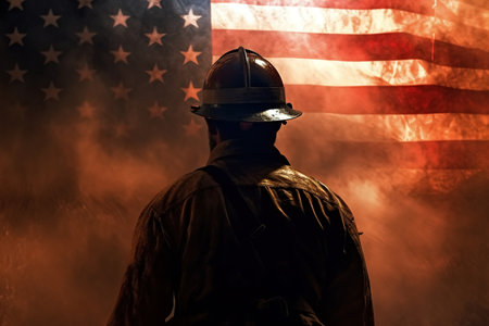 Firefighter on background of American flag, USA patriot day, commemorative date 9 11 concept. Close-up, rear view, Generative AI illustration.の素材