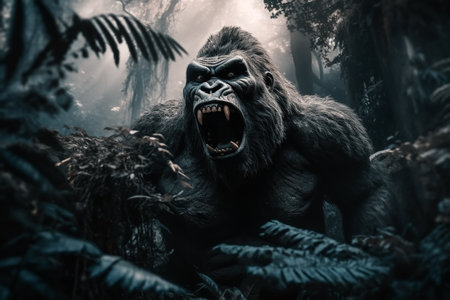 Screaming aggressive gorilla king kong in jungle, big monkey with open mouth and fangs in forest. Generative AI illustration.の素材