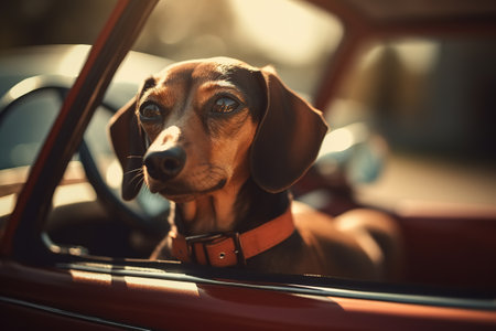 Portrait of pretty thoroughbred dachshund dog riding in car and looking out outdoors, funny pet on road trip. Animal Generative AI.の素材