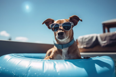 Dog in sunglasses resting on inflatable ring in pool on sunny summer day. Fun cool pet chilling in outdoor pool. Animal Generative AI.の素材