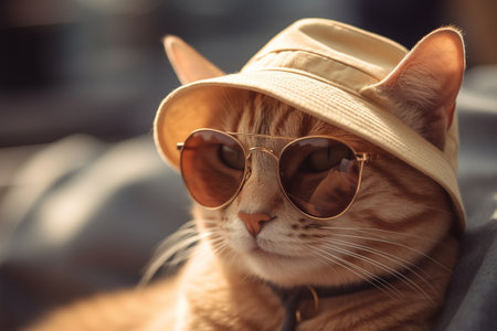 Cool cat in sunglasses in car, funny pet in hat riding in convertible on road trip on sunny day. Animal Generative AI.の素材