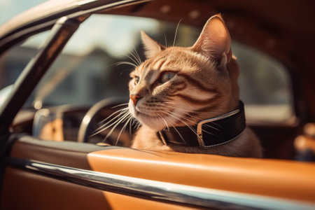 Funny red cat peeking out in car, pet on road trip on sunny day. Animal Generative AI.の素材