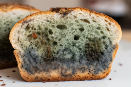 Mold on food, close-up of a slice of white bread and harmful dangerous spores of fungi bacteria.の素材