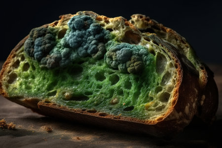 Green mold on bread, close-up food and harmful dangerous spores fungi bacteria.の素材