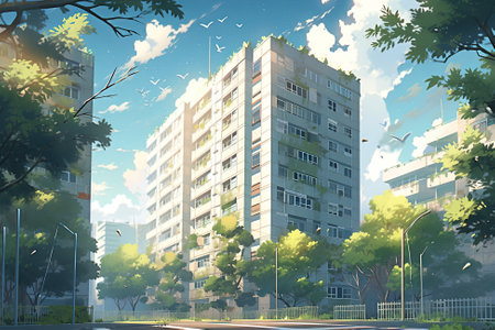 Green urban environment, parks and trees in residential area on sunny day anime illustration.の素材