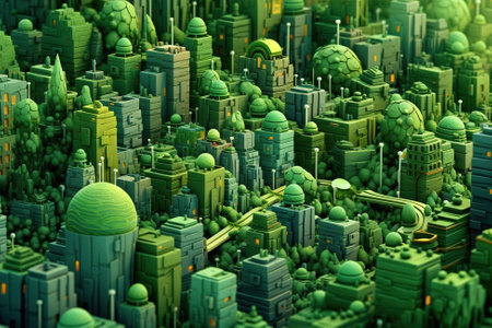 Green city, eco concept. Skyscrapers full of greenery and trees, plant-ecological urban infrastructure, clean air. Illustration.の素材