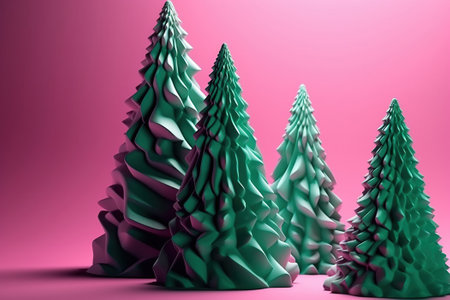 Merry Xmas and Happy New Year backdrop, trendy geometric green pink christmas tree illustration.の素材