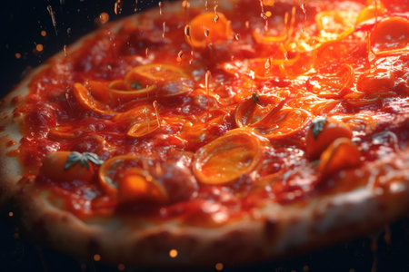 Juicy fresh pizza with spicy sauce, close-up.の素材