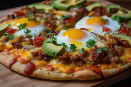 Close-up fresh pizza with egg and avocado on a wooden board, breakfast.の素材