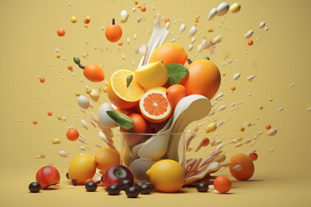Refreshing fruity summer cocktail. Scattered fruits and yogurt from a glass on a yellow background, smoothie illustration with special effects.の素材