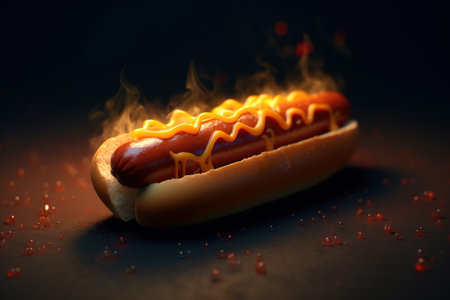 Hot dog, fast food sausage in a bun with mustard.の素材