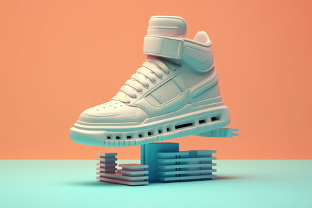 Side view of modern white sneaker, shoe lifestyle is advertised on the platform.の素材