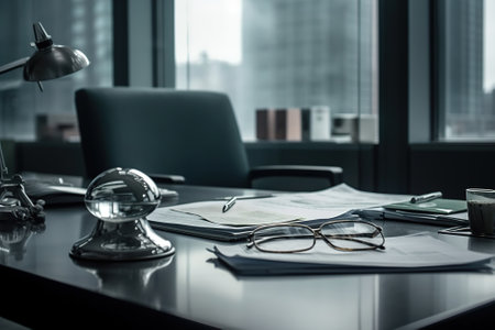 Close-up workplace, office. Glasses and documents on the table, an armchair by the window.の素材