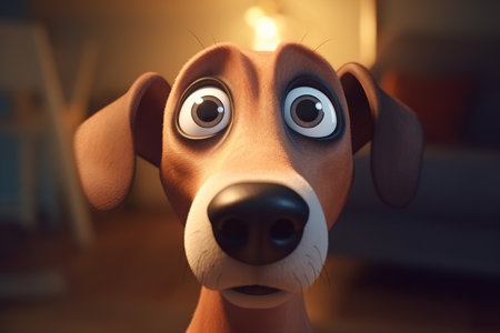 Close-up of a frightened pet, a portrait of a frustrated dog with a sad expression indoors.の素材