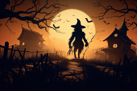 Halloween, silhouette of scary scarecrow and bats on background of full moon at night in village. Horror illustration.の素材