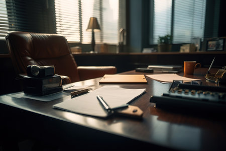 Office workplace, cabinet interior. Table with documents and brown leather armchair by the window, selective focus.の素材