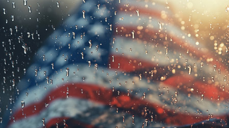 American flag on a rainy cloudy day outside the window, selective focus on the raindrops on the glass. USA independence day, patriot day concept.の素材