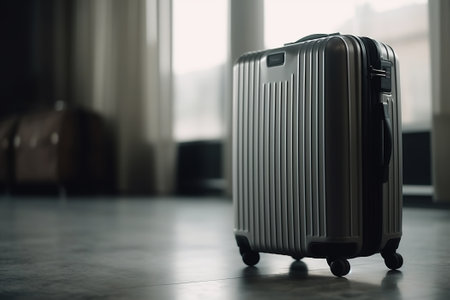 Black classic travel suitcase, indoor luggage with copy space. Tourism, vacation, trip concept.の素材