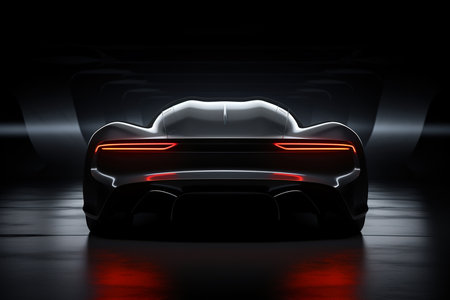 Silhouette of a modern elegant car, rear view burning headlights of a futuristic transport vehicle.の素材