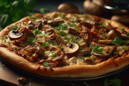 Delicious mushroom pizza with cheese and herbs thin dough, close-up Italian traditional food.の素材
