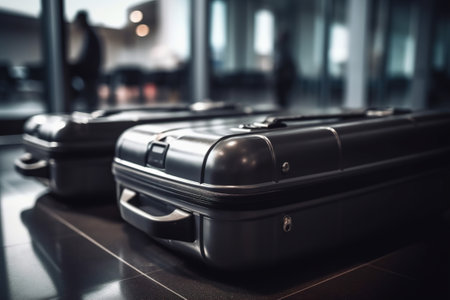 Two classic modern suitcases for travel at the airport, close-up.の素材