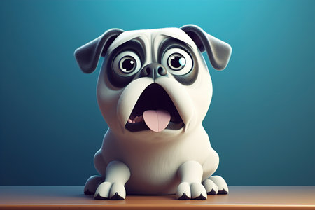 Dog scared frightened dog, shocked little fat pet with open mouth sitting on a blue background. animal illustration.の素材