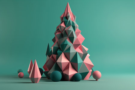 Trendy geometric green-pink Christmas tree, minimalism. Abstract illustration, Merry Christmas and Happy New Year concept.の素材