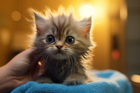 Close-up of a hand caressing a cute fluffy kitten after bathing. Funny pet grooming.の素材