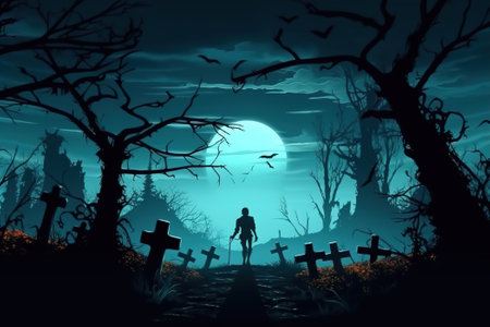 Halloween, graveyard silhouette and skeleton walking on background of moon. mystical illustration.の素材