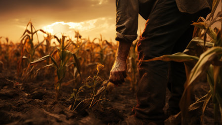 Crop failure, close-up old farmer peasant in the field.の素材