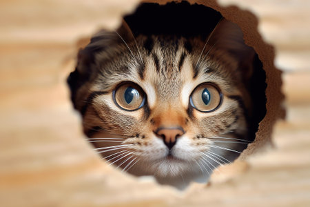 Funny cute cat peeking through a hole.の素材