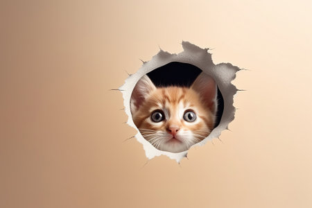 Curious kitten peeking through a hole in the wall, ginger pet with copy space.の素材