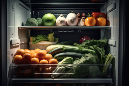 Front view of a pile of vegetables on a shelf in a refrigerator. Healthy eating, vegan, diet concept.の素材