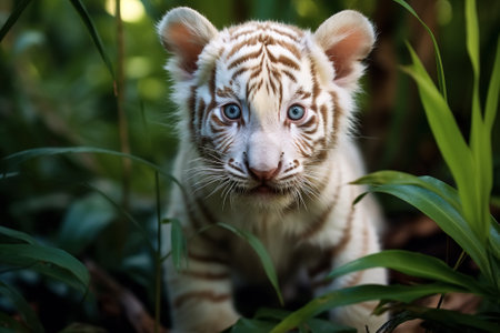 Cute little albino tiger cub with white fur outdoors.の素材