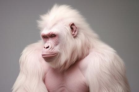 An albino gorilla with pink skin and white fur. Portrait of a rare animal primate monkey on the background.の素材