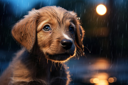 Lonely sad purebred puppy outdoors on a rainy night outdoors, portrait of a lost pet looking away.の素材